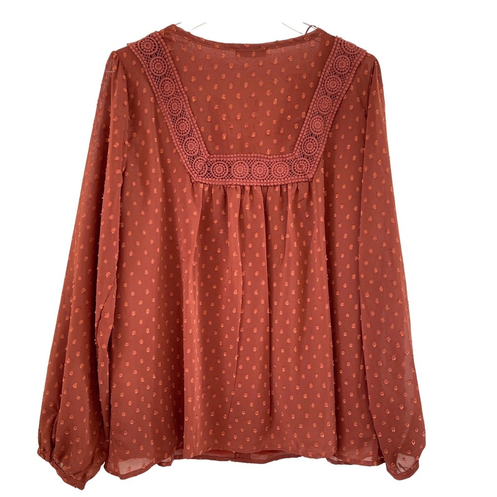 Miss Me Swiss Dot Blouse Women Large Rust Good Boho Crochet Tassel - Picture 4 of 13